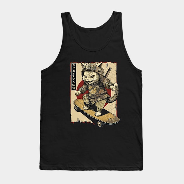 Skateboard Samurai Cat Tattoo, Kawaii Ninja Cat Tank Top by Apocatnipse Meow